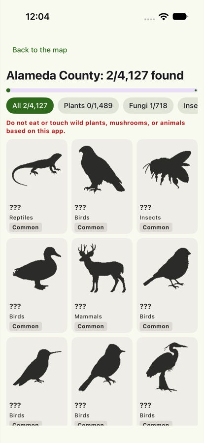 The species of Alameda County: 2 of 4,127 found, filters for each group, the safety line in red, and a grid of locked species with their rarity.