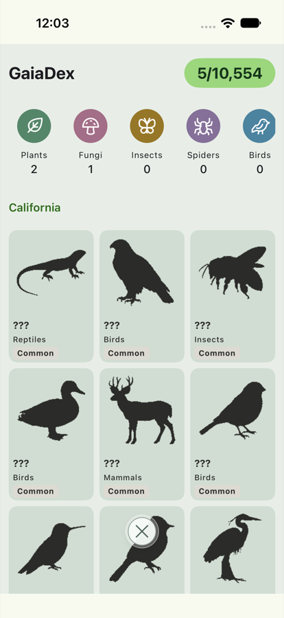 The GaiaDex screen of California: 5 of 10,554 species found, buttons for each group, and a grid of locked species. Each locked species is a dark silhouette with “???” and the rarity Common.