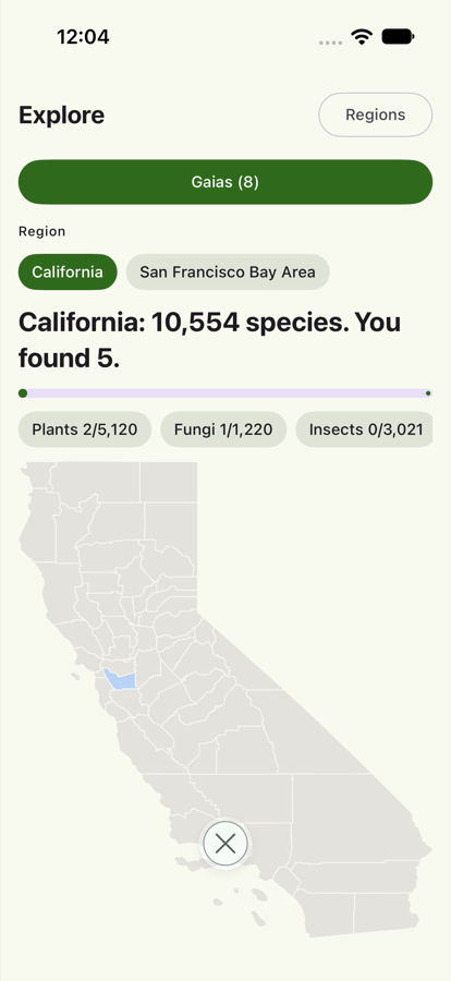 The Explore screen: California has 10,554 species and you found 5. Counts for plants, fungi, and insects, and a map of the California counties with Alameda County in color.